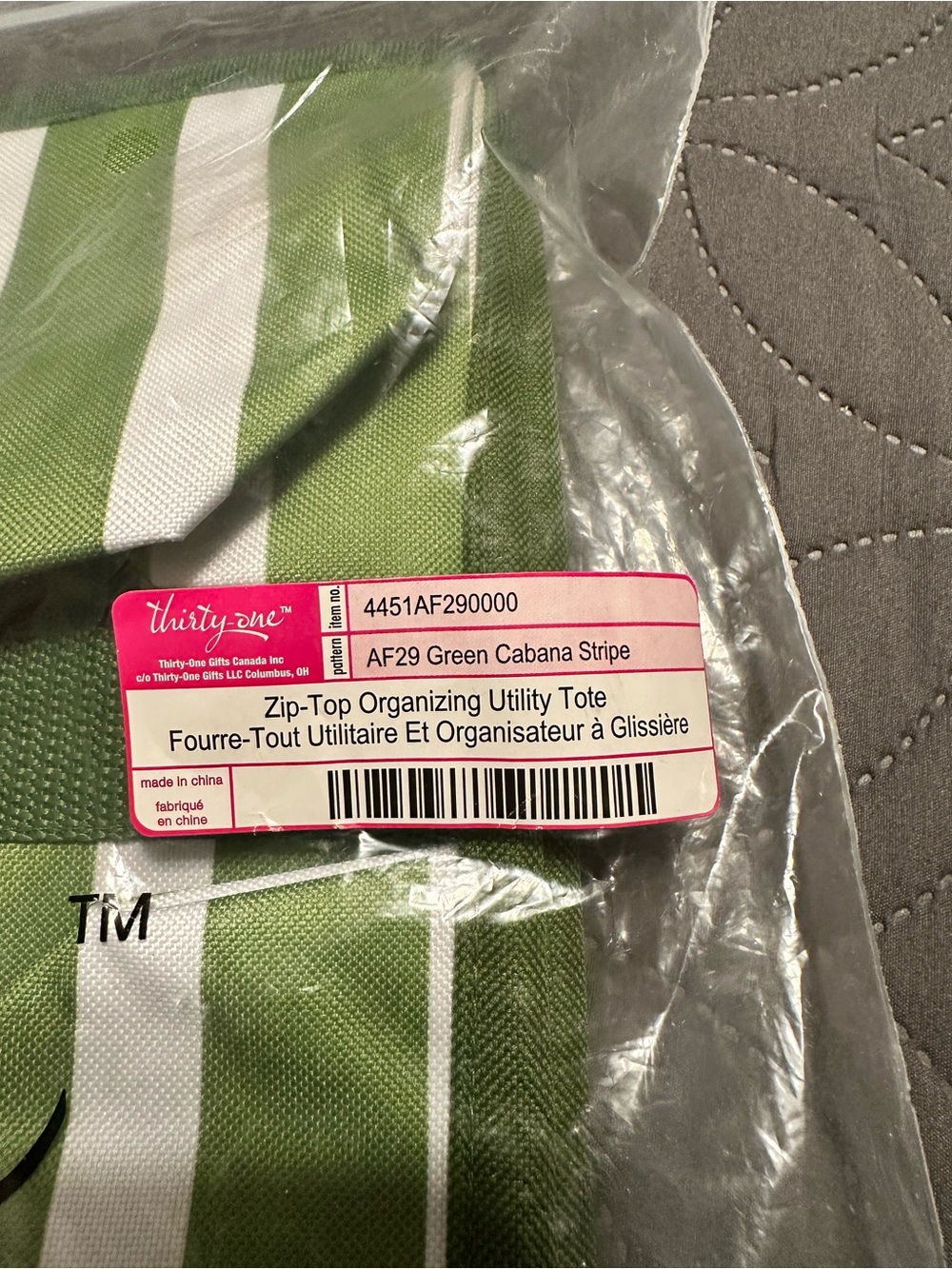 Thirty one Green Cabana Stripe Zip top utility tote